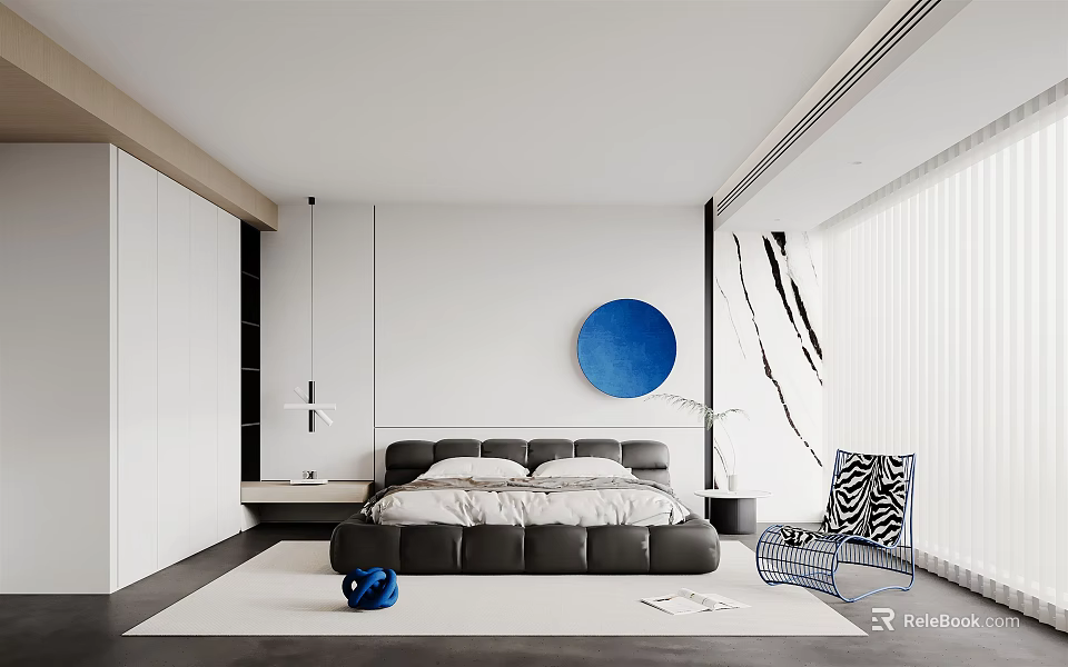 Modern Bedroom Interior Design With White Walls Blue Circular Artwork Black Bed And Accent Chair 3d model 