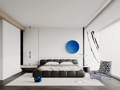Modern Bedroom Interior Design With White Walls Blue Circular Artwork Black Bed And Accent Chair 3d model