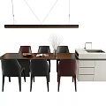Contemporary Rectangular Dining Table Set With Six Black Brown Chairs And Fruit Bowl Decoration