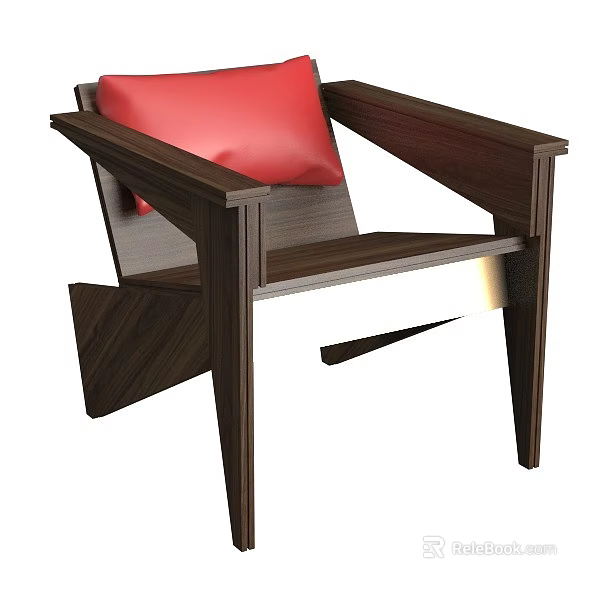 Modern Wooden Frame Leisure Chair With Red Cushion For Comfortable Seating 3d model 