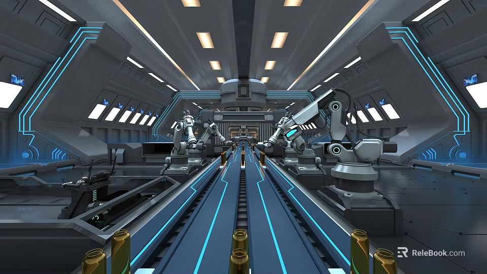 Industrial Equipment Modern Factory Interior With Automated Production Line Robotic Arms And Conveyor Belts 3d model 