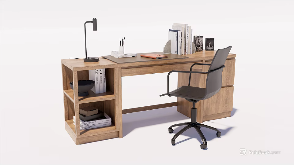 Wooden Desk With Black Chair Table Lamp Books Laptop And Shelf 3d model 