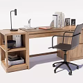 Wooden Desk With Black Chair Table Lamp Books Laptop And Shelf