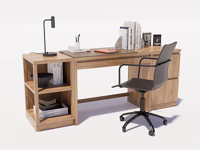 Wooden Desk With Black Chair Table Lamp Books Laptop And Shelf 3d model