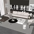 Modern Beige Sofa with Decorative Pillows and Round Black Coffee Table Set in Living Room