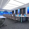 Modern Professional Conference Room Interior With Long Table Gray Chairs And Blue Backdrop