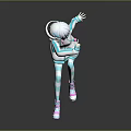 Anime Creature Character With White Hair Turquoise Outfit Striped Socks And Pink Sneakers Sitting Pose