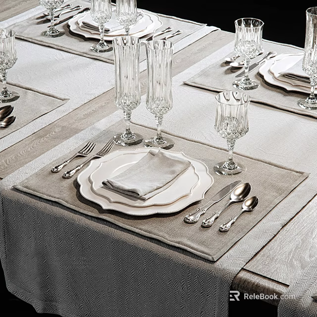 Dinnerware Set Table Setting With Plates Napkin Silverware Wine Glasses And Placemats 3d model 