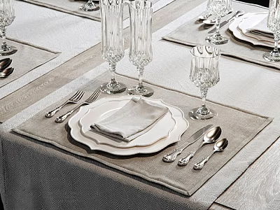 Dinnerware Set Table Setting With Plates Napkin Silverware Wine Glasses And Placemats 3d model
