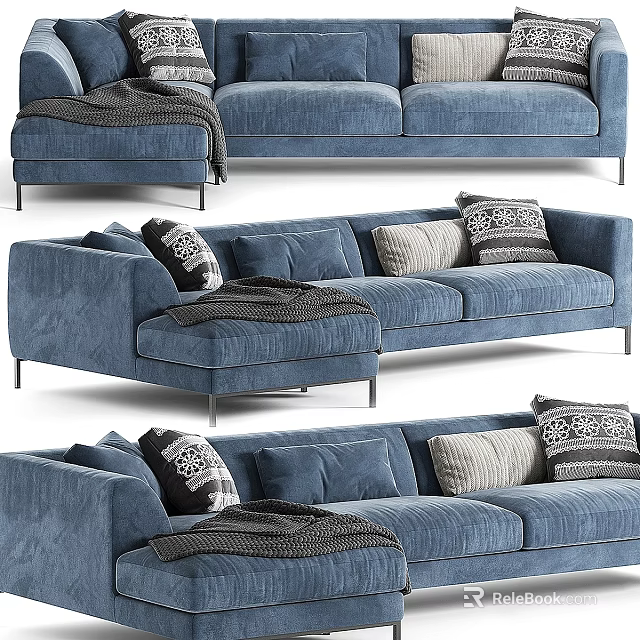 Modern Blue Sofa Set With Patterned Pillows And Cozy Throw Blanket 3d model