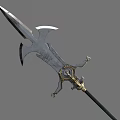 Intricately Designed Long Spear Featuring Metal Blade and Black Shaft with Gold Accents