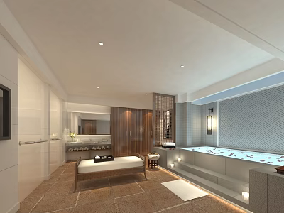 Elegant Luxury Club Interior Featuring Spa Bathtub Wooden Decor Massage Bed and Tiled Wall Lighting 3d model