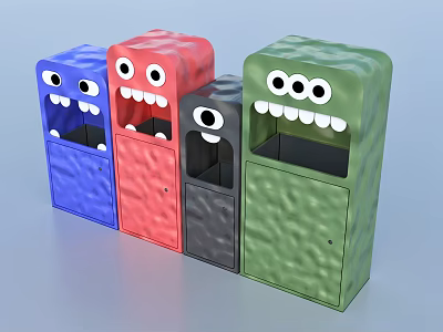 Vibrant Colored Public Trash Bins Featuring Cartoon Faces for Child Friendly Areas 3d model