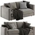 Modern Gray Two Seater Sofa With Soft Velvet Fabric Decorative Pillows And Blanket