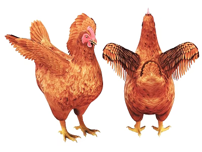 Brown Chicken Front And Back View With Spread Wings And Feathers 3d model