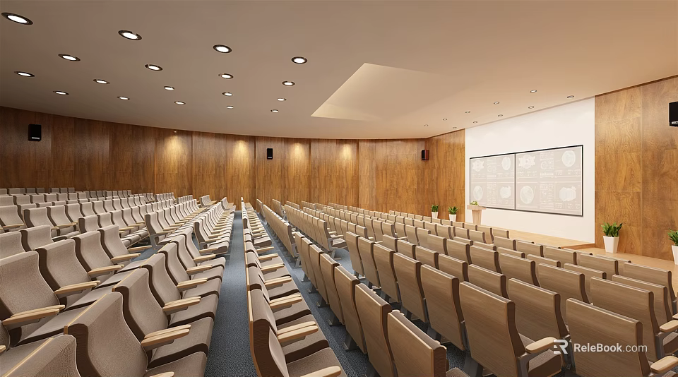Spacious Conference Room Interior With Wooden Walls Rows of Seats Recessed Lighting and Projection Screen 3d model 