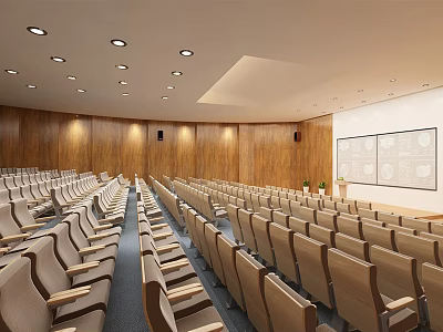 Spacious Conference Room Interior With Wooden Walls Rows of Seats Recessed Lighting and Projection Screen 3d model