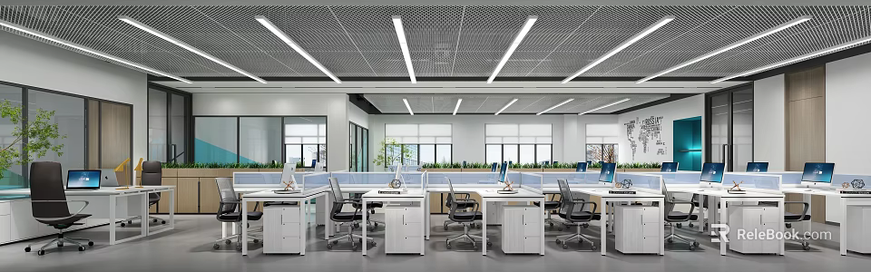 Modern Office Open Workspace With Workstations Computers Greenery And Natural Light 3d model