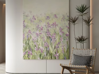 Abstract Painting with Purple Flowers on Wall and Green Plants Near Wooden Chair 3d model