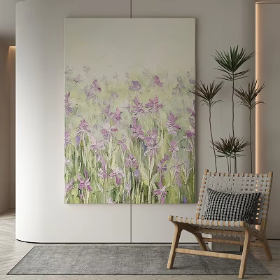 Abstract Painting with Purple Flowers on Wall and Green Plants Near Wooden Chair 3d model