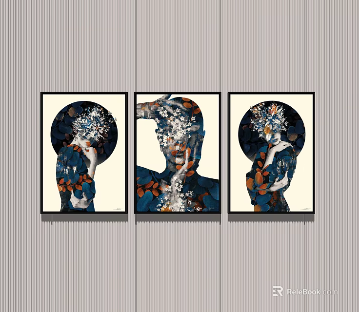 Three Floral Leaf Patterned Portrait Paintings With Circular Backgrounds Blue White Orange 3d model