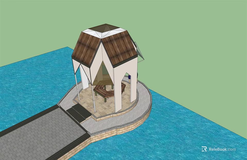 Waterfront Landscape Pavilion With Wooden Roof And White Pillars Connected By Stone Pathway 3d model 