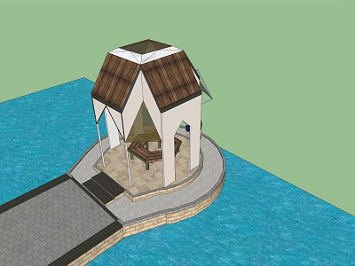 Waterfront Landscape Pavilion With Wooden Roof And White Pillars Connected By Stone Pathway 3d model