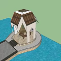 Waterfront Landscape Pavilion With Wooden Roof And White Pillars Connected By Stone Pathway