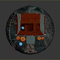 Halloween Themed Blue House with Red Roof Arched Windows Pumpkin Lanterns and Ghost Decorations