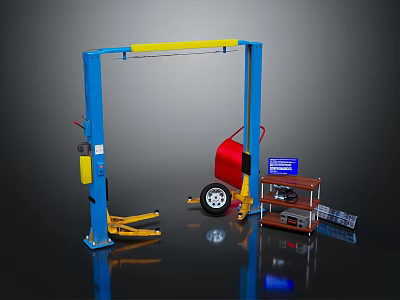 Car Repair Equipment With Blue Vehicle Lift Red Tire And Tool Cabinet 3d model