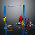 Car Repair Equipment With Blue Vehicle Lift Red Tire And Tool Cabinet