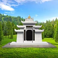 Traditional Chinese Garden Ornament Featuring White Structure Black Plaque Green Grass And Surrounding Trees