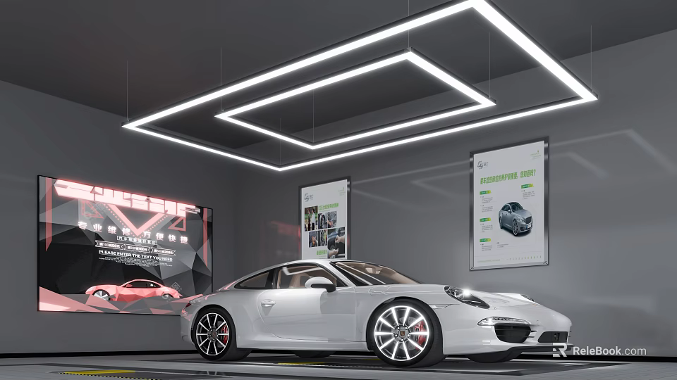 Modern Car Showroom With Unique Pendant Lights And White Porsche 3d model 