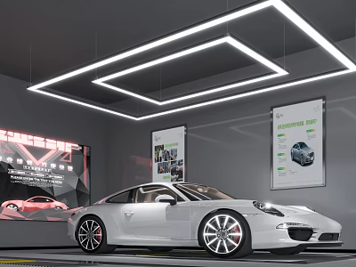 Modern Car Showroom With Unique Pendant Lights And White Porsche 3d model