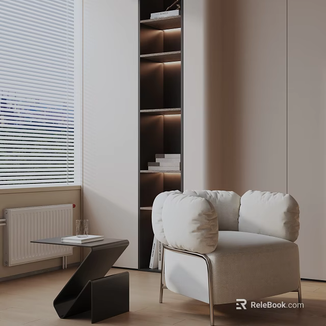 Light Colored Lounge Chair With Large Cushions Near White Blinds And Shelves With Books 3d model 
