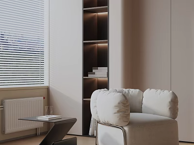 Light Colored Lounge Chair With Large Cushions Near White Blinds And Shelves With Books 3d model