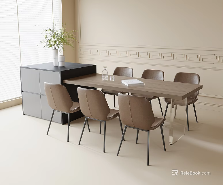 Modern Dining Table Set With Wooden Tabletop Upholstered Chairs And Sideboard Cabinet 3d model 