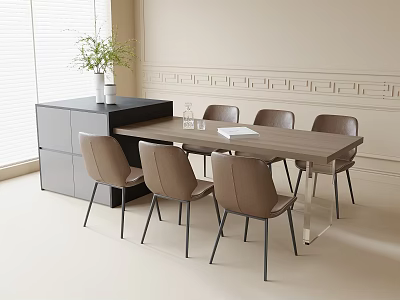 Modern Dining Table Set With Wooden Tabletop Upholstered Chairs And Sideboard Cabinet 3d model