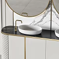 Modern Bathroom Vanity Set With Double Round Mirrors Golden Frames And Marble Wall 3d model