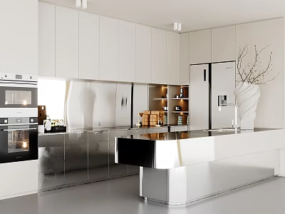 Modern Kitchen Interior With White Cabinets Stainless Steel Appliances And Black Island Counter 3d model