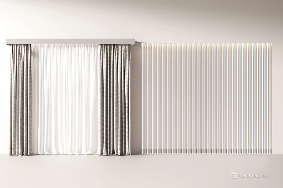 Modern Elegant Curtain Design With White Gray Fabric And Vertical Stripes 3d model 
