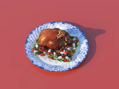 Roast Chicken with Fresh Vegetable Salad Served on Blue and White Patterned Plate 3d model