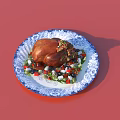 Roast Chicken with Fresh Vegetable Salad Served on Blue and White Patterned Plate
