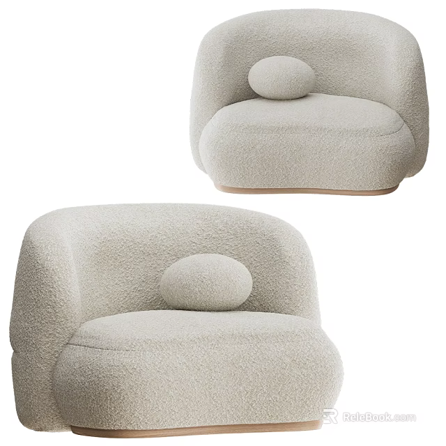 Light Beige Single Sofa With Fluffy Shearling Fabric Rounded Design Curved Armrest And Wooden Base 3d model 