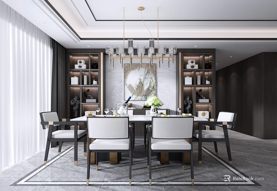 Elegant Modern Dining Table Set With Marble Top Leather Chairs And Chandelier 3d model