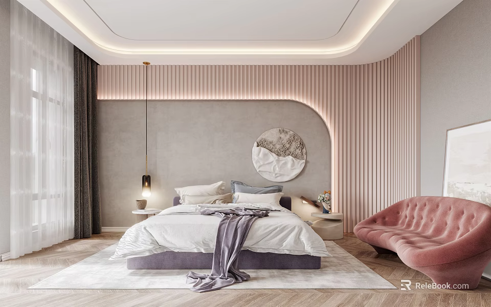 Modern Bedroom Interior Design With White Bedding Gray Throw Round Art And Pink Velvet Sofa 3d model 