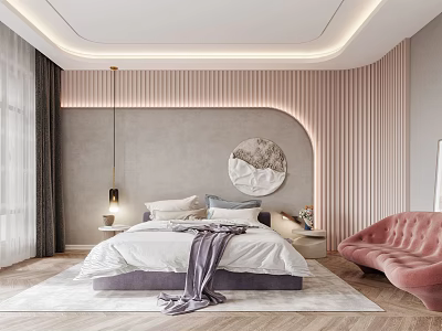Modern Bedroom Interior Design With White Bedding Gray Throw Round Art And Pink Velvet Sofa 3d model