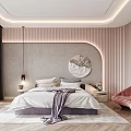 Modern Bedroom Interior Design With White Bedding Gray Throw Round Art And Pink Velvet Sofa