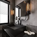 Modern Industrial Bathroom Interior With Black Sink Mirror And Vintage Lamps