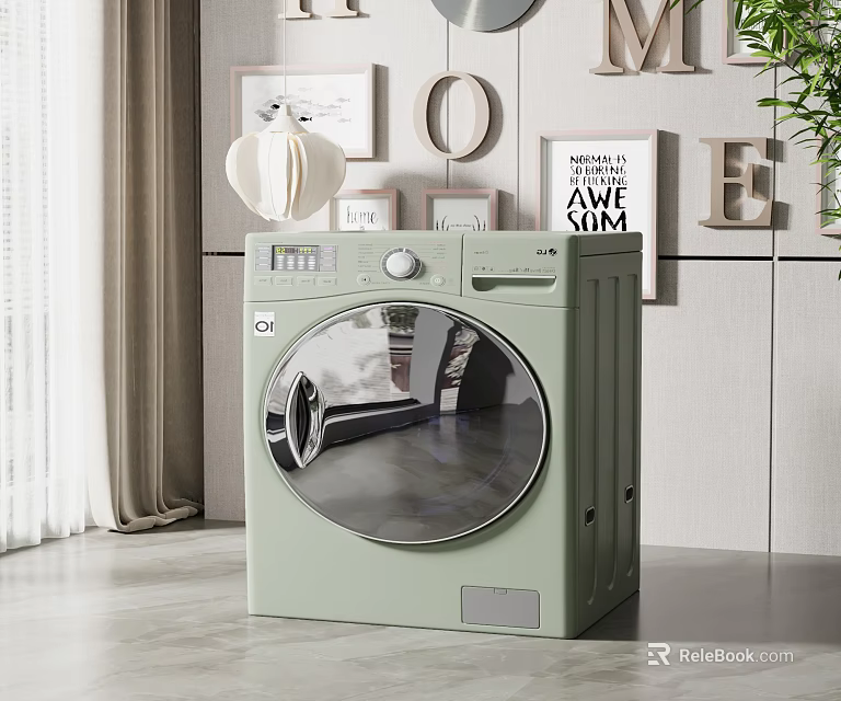 Green Front Load Washing Machine In Modern Home Interior With Decorative Elements 3d model 